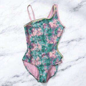 Xhilaration One Piece Swimsuit Size Large 10/12 Girls Green Pink Cut Out Tie Dye